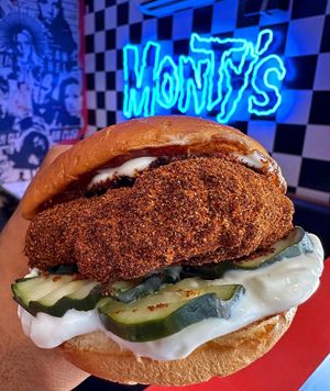 Our chicken sandwich but make it HOT!  at Monty's Good Burger - Koreatown in Los Angeles