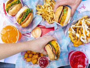 a lunch spread no one is mad about! at Monty's Good Burger - Koreatown in Los Angeles