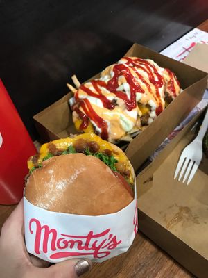 Single burger w Dog Pile fries  at Monty's Good Burger - Koreatown in Los Angeles