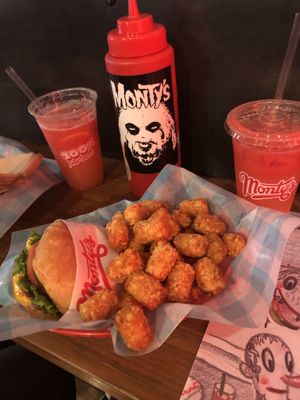 Monty’s Burguer with a side of tatter totes and strawberry lemonade  at Monty's Good Burger - Koreatown in Los Angeles