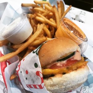 Single burger with fries and ranch and sriracha aioli at Monty's Good Burger - Koreatown in Los Angeles