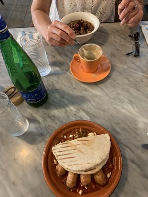 Vegan breakfast tagine, açai bowl and soy cappuccino  at Crust in St Julians