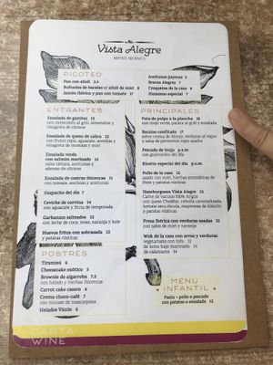 menu at Vista Alegre in Ibiza