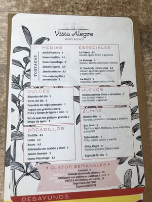 menu at Vista Alegre in Ibiza