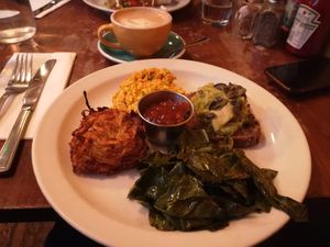 Tofu scramble with veggies and Avocado toast + soya Capuccino at The Breakfast Club in London