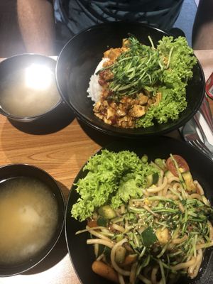 Spicy mapu tofu rice and teriyaki udon noodles at  Kimburi 金料理 in Central Singapore