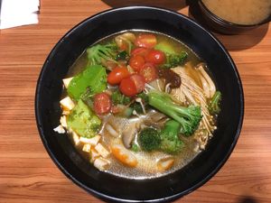 Vegan Tom Yum with Udon noodles. Shrimp imitate was extremely good and made out of beans 👌🏼 at  Kimburi 金料理 in Central Singapore