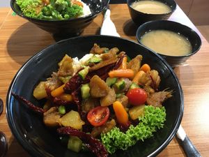 Rice bowls and miso soup at  Kimburi 金料理 in Central Singapore