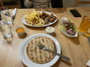 Homemade falafel souvlaki (big portion) accompanied with a salad  at Cafe Aina in Stirling
