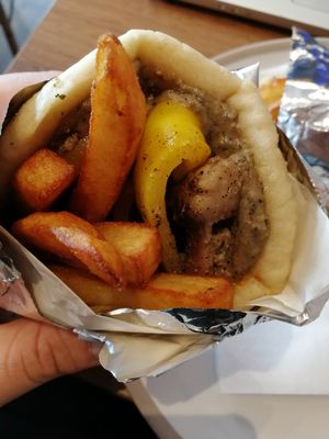 Vegan souvlaki with homade pitta bread and olive houmous   at Cafe Aina in Stirling