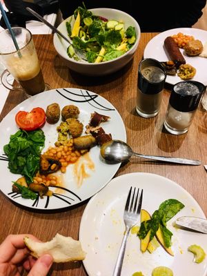 sharing vegan breakfast and awesome salad  at Cafe Aina in Stirling