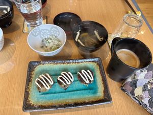 Breakfast day 1, including patties with edamame, apple, flax seed   at Vegan Minshuku Sanbiki Neko in Kyoto