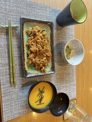 Breakfast day 2, including tofu carrot scramble and pumpkin soup  at Vegan Minshuku Sanbiki Neko in Kyoto