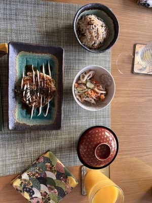 Potato okonomiyaki, nori rice, miso, daikon salad (10/10 meal, AMAZING)   at Vegan Minshuku Sanbiki Neko in Kyoto