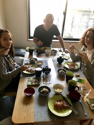 Breakfast - 4 dishes at Vegan Minshuku Sanbiki Neko in Kyoto