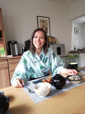 Excited for breakfast! at Vegan Minshuku Sanbiki Neko in Kyoto