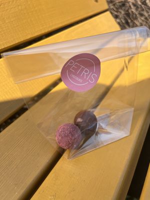 Raspberry praline & Blood orange  at Petris Chocolate Room in Porvoo