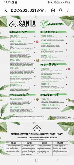 Vegan menu at Santa - La Pizza Buona e Giusta in Desenzano Del Garda