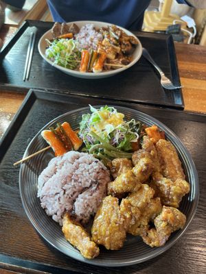 Rice with soy chicken and rice with eggplant and tofu   at Loving Hut in Seogwipo