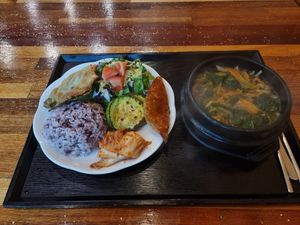 The "'non spicy' spicy stew" at Loving Hut in Seogwipo