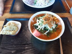 Cold kimchi noodles at Loving Hut in Seogwipo