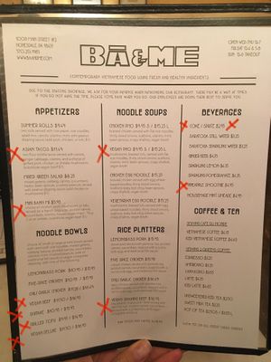 Not Available: any soup, tofu, mushrooms, impossible beef - very sad!! at Ba & Me in Honesdale