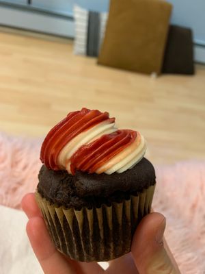 vegan chocolate candy cane cupcake, delicious peppermint frosting ?  at Middle Way Cafe in Anchorage