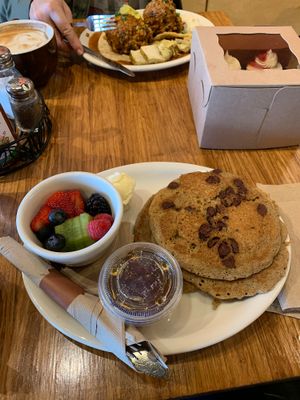 vegan multigrain pancakes, i added chocolate chips cause why not at Middle Way Cafe in Anchorage