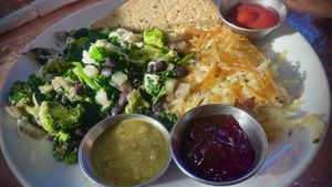 vegan breakfast 
sautéed spinach, black beans,
sautéed onions, broccoli + vegan mozzarella cheese
+ hash browns + GF Vegan bread  at Aroma Coffee & Tea in Studio City