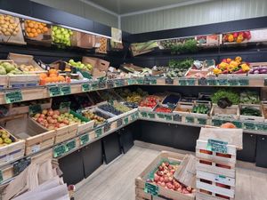 Fresh fruits and vegs in cooled area at My Bio Shop in Ruoms