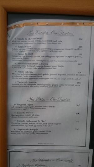 Menu at Cafe Madeleine in Saint-tropez