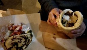 shawarma in a Laffa and Forest mushrooms in a pita at Sultana in Tel Aviv