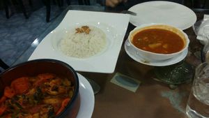 The "soupy" dish had pieces of meat inside! at Syrian Palace in Aqaba