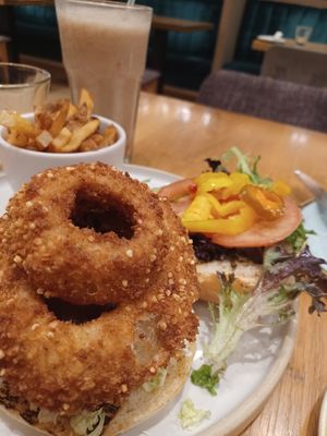 bbq burger with fries and strawberry swirl smoothie at Fresh Kitchen & Juice Bar in Toronto