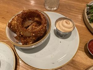 Quinoa battered onion rings with chipotle mayo  at Fresh Kitchen & Juice Bar in Toronto