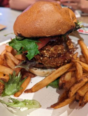 BBQ Ranch Burger with fries at Fresh Kitchen & Juice Bar in Toronto