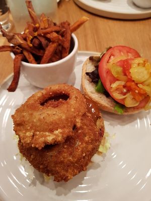 BBQ burger with sweet potato fries at Fresh Kitchen & Juice Bar in Toronto