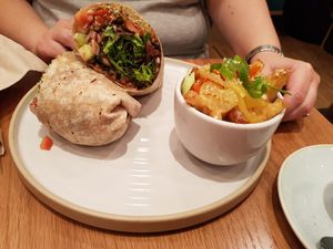 Black bean burrito and dragon fries at Fresh Kitchen & Juice Bar in Toronto