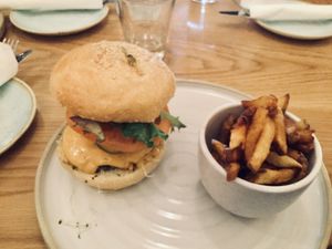 Beyond cheese burger with fries at Fresh Kitchen & Juice Bar in Toronto