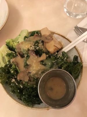 Small bowl with bok choy + kale + brown rice and tofu with mushroom gravy at Fresh Kitchen & Juice Bar in Toronto