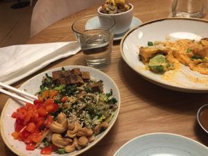 Tiger bowl (small), crispy dumplings, side poutine at Fresh Kitchen & Juice Bar in Toronto