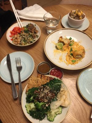 Goddess bowl, crispy dumpling, tiger bowl, side poutine at Fresh Kitchen & Juice Bar in Toronto