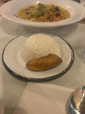 Coconut rice with plantain   at Elvi's Kitchen in San Pedro