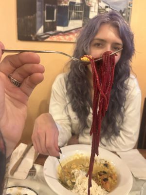 Beetroot pasta magic   at Elvi's Kitchen in San Pedro