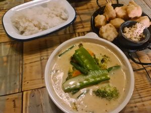 Coconut soup. Rice. Tofu with chilli and peanut dipping sauce at Phranakhon Thai Tapas in Harrogate