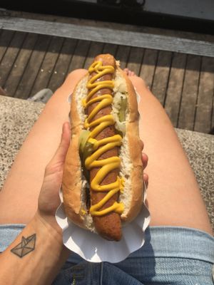 Vegan dog (with sauerkraut, sautéed onions, jalapeños, pickles and mustard) at Big Dogs in Kingston Upon Thames