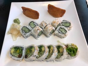 Vegetable roll, cucumber roll, and two pieces of fried tofu at Tony's Sushi in Ocala