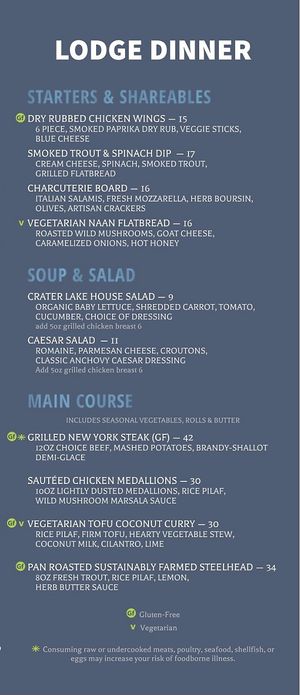Dinner menu  at Crater Lake Lodge in Klamath Falls