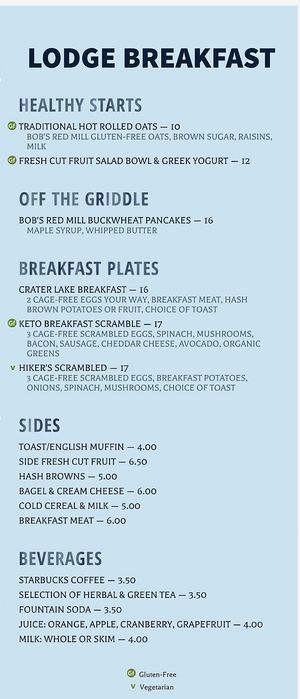 Breakfast menu  at Crater Lake Lodge in Klamath Falls