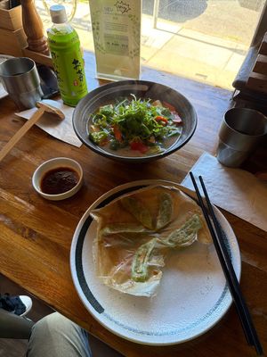 Vegan gyoza and vegan ramen  at Ushitaro in San Francisco